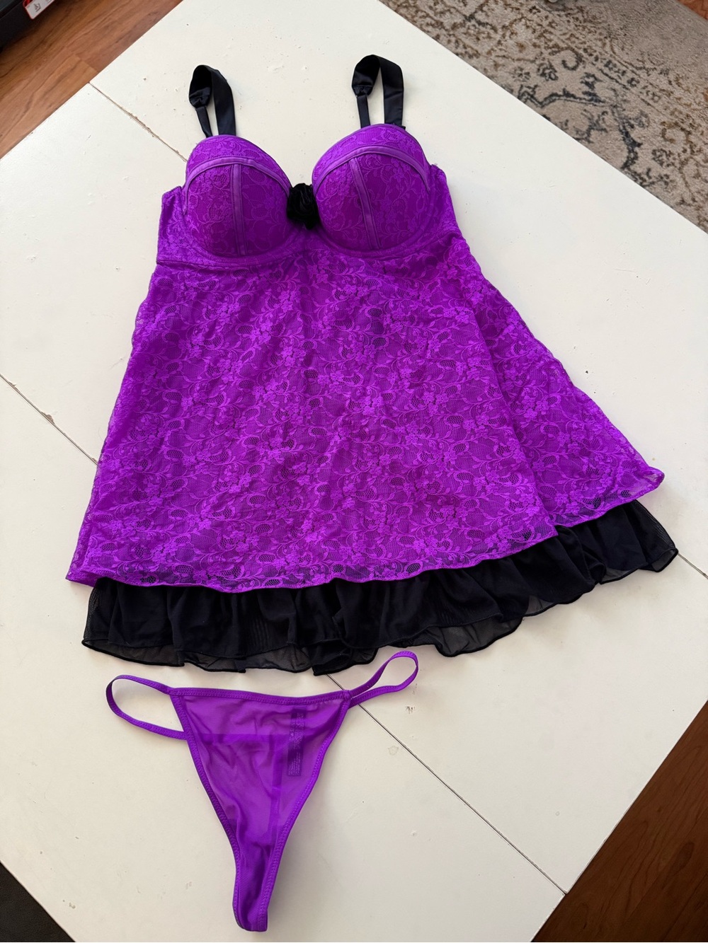 La Senza Purple Lace Babydoll Lingerie Set Thong Panty Black Rose Accent Sexy M